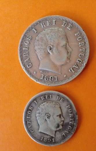 Portugal -2 x 1891 Silver-200 and 500 Reis Coins