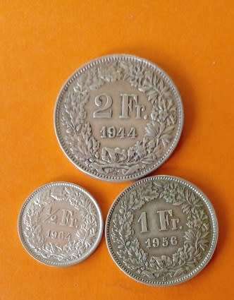 Switzerland -1944 -2 Franc, 1956-1 Franc and 1964 -1/2 Franc- One Bid for All.