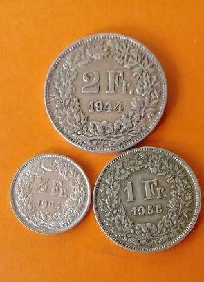 Switzerland -1944 -2 Franc, 1956-1 Franc and 1964 -1/2 Franc- One Bid for All.