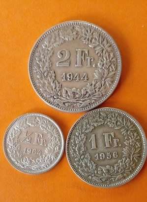 Switzerland -1944 -2 Franc, 1956-1 Franc and 1964 -1/2 Franc- One Bid for All.