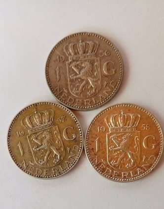 Netherlands -1956 /57/58 -1 Gulden x 3 Silver Coins, One Bid for all.