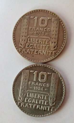 France-1933 and 1934 -2 x 10 Francs Silver Coins.