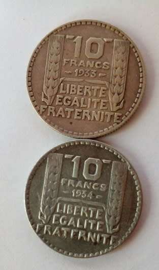 France-1933 and 1934 -2 x 10 Francs Silver Coins.