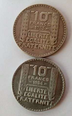 France-1933 and 1934 -2 x 10 Francs Silver Coins.