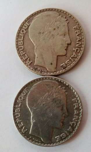 France-1933 and 1934 -2 x 10 Francs Silver Coins.
