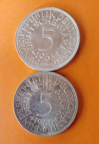 1963 and 1966 -5 Mark Coins -Bundes Republic Deutschland -Silver.