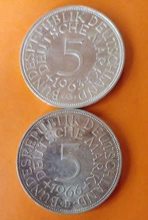 1963 and 1966 -5 Mark Coins -Bundes Republic Deutschland -Silver.