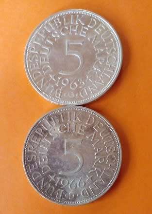 1963 and 1966 -5 Mark Coins -Bundes Republic Deutschland -Silver.