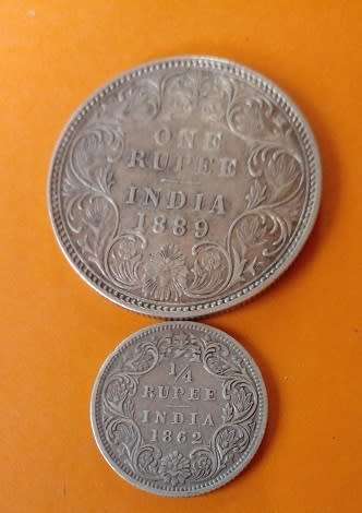 India -1889 -One Rupee, plus 1862 -1/4 Rupee Coins Silver