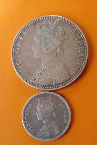 India -1889 -One Rupee, plus 1862 -1/4 Rupee Coins Silver