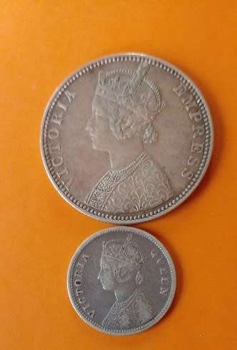 India -1889 -One Rupee, plus 1862 -1/4 Rupee Coins Silver
