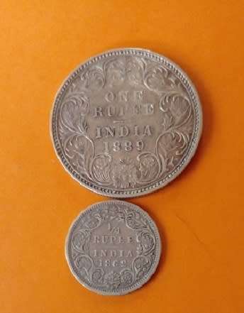 India -1889 -One Rupee, plus 1862 -1/4 Rupee Coins Silver