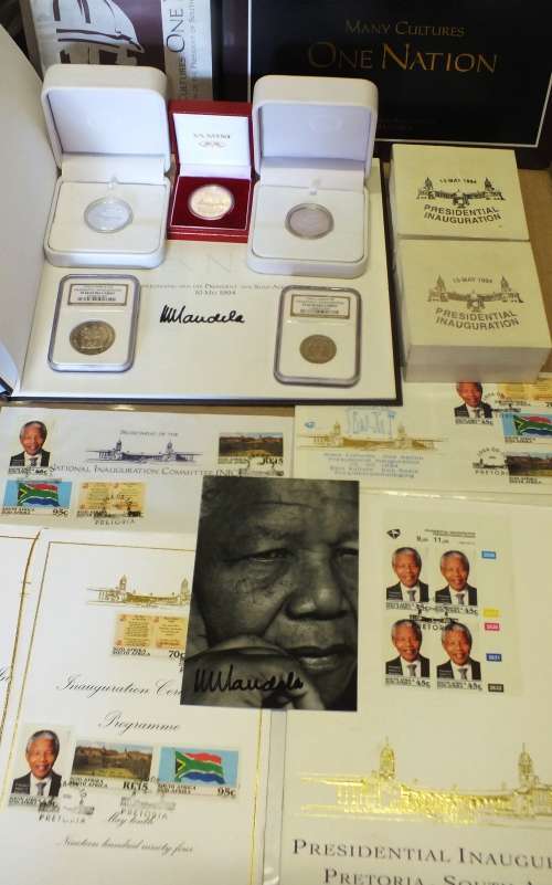 MANDELA 1994 PRESIDENTIAL INAUGURATION COMPLETE COMBO OF COINS STAMPS AND SIGNED DOCUMENTS
