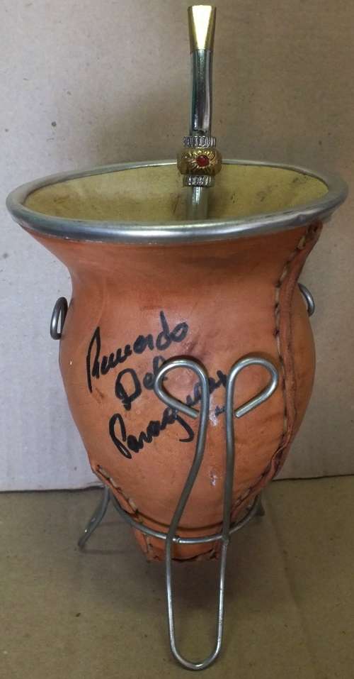 LOVELY TALL WOODEN YERBA MATE COVERED WITH LEATHER AND METAL TEA STRAW FROM PARAGUAY