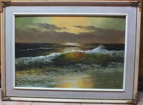 Very Large Oil on Board by South African Artist B Conti - Serene Ocean Sunset & Breaking Waves