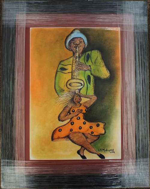 LUCAS MAHOME LARGE COLOURFUL MIXED MEDIA THE SAXOPHONE MUSICIAN AND DANCER