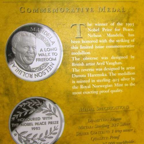 1993 NELSON MANDELA NOBEL PEACE LAUREATE MINT OF NORWAY SILVER