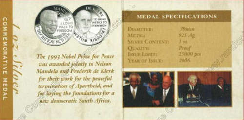 1993 NELSON MANDELA/FW DE KLERK NOBEL PEACE LAUREATES MINT OF NORWAY 1 OZ SILVER