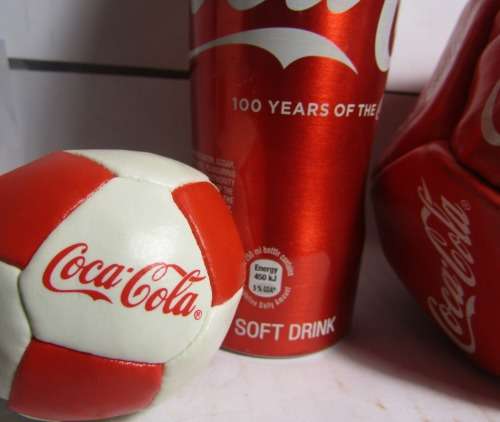 COCA COLA ITEMS X 3 Coke 100 YEARS OLD ALIMINIUM BOTTLE UNOPENED +MINI SOCCER BALL+ FUZ BALL