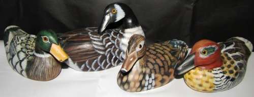 4 Beautiful Colourful Wooden Ducks - Handcrafted -Will Look Good in any Display - One bid for All 4
