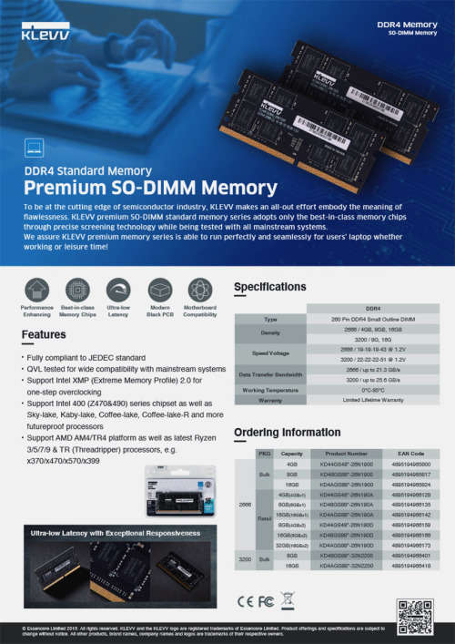 8GB Klevv DDR4 SO-Dimm 2666Mhz, Laptop Memory, 8GB | KD48GS88J-26N1900