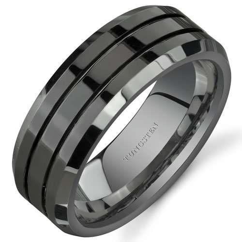 Beveled Edge Double Groove Mens Black Tungsten Wedding Band