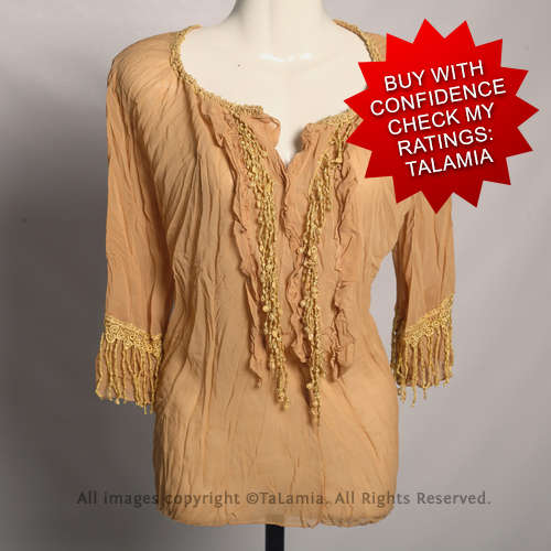 Ladies tan brown crinkle style chiffon blouse with boho tassles
