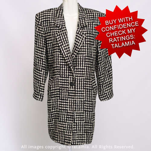 Black and White wool tweed long length jacket Made in Italy