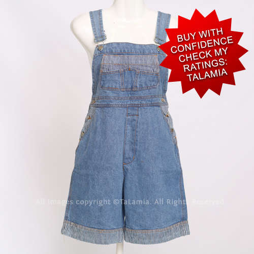 Ladies blue denim dungarees with fine stripe details