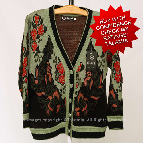 Green v-neck red roses button up jersey sweater