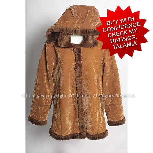 Warm ladies caramel and chocolate brown faux fur jacket with removable hood