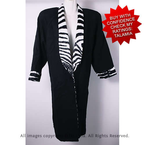 Womens black long coat with zebra faux fur trim