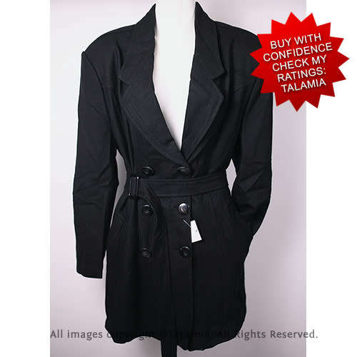 Ladies black long length belted winter Melton coat (XL)