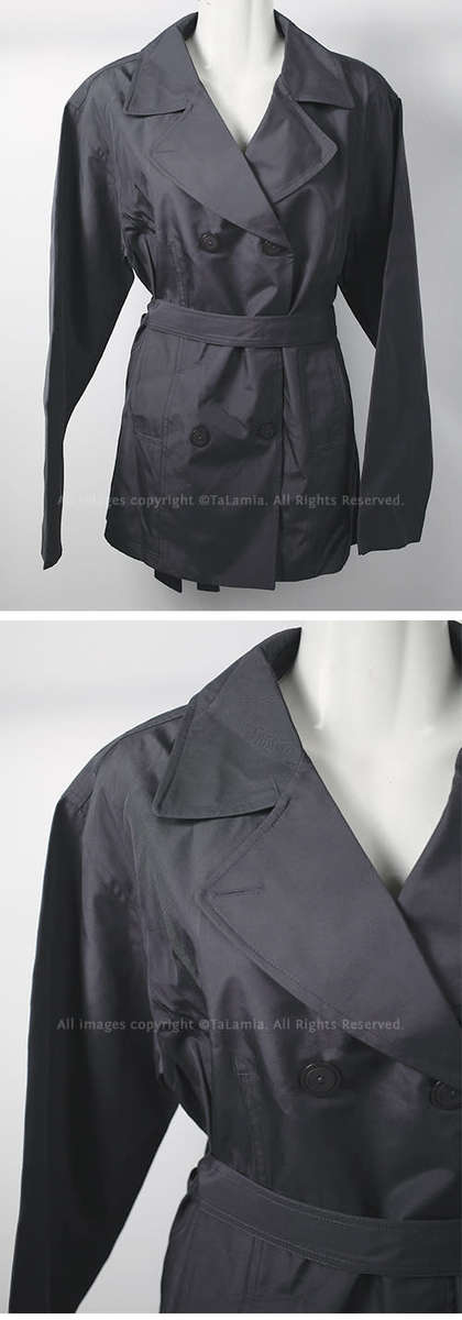 Ladies Dark Grey long length water resistant coat with belt