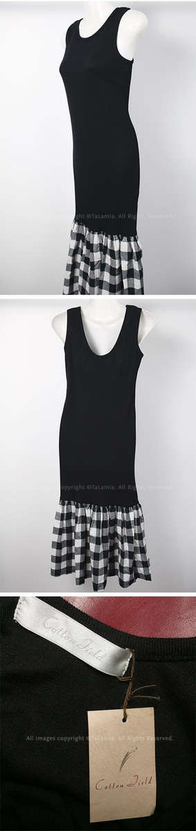 Gorgeous ladies black cotton dress with checkered frill from Japan