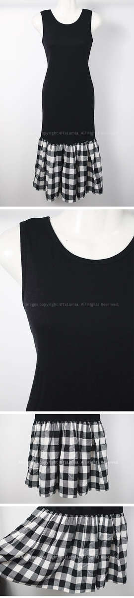 Gorgeous ladies black cotton dress with checkered frill from Japan