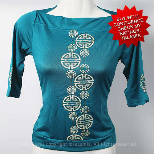Ladies high stretch three quarter sleeve teal blue asian motif top