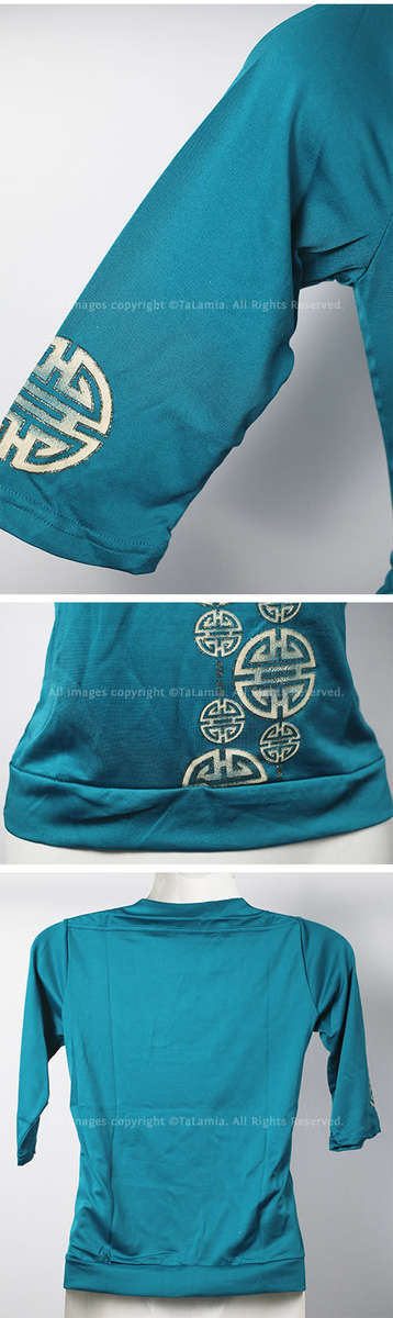 Ladies high stretch three quarter sleeve teal blue asian motif top