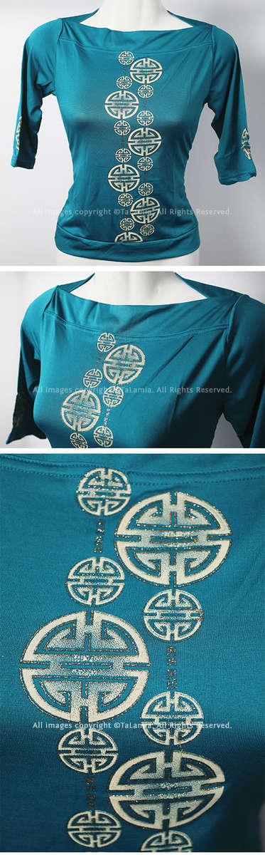 Ladies high stretch three quarter sleeve teal blue asian motif top