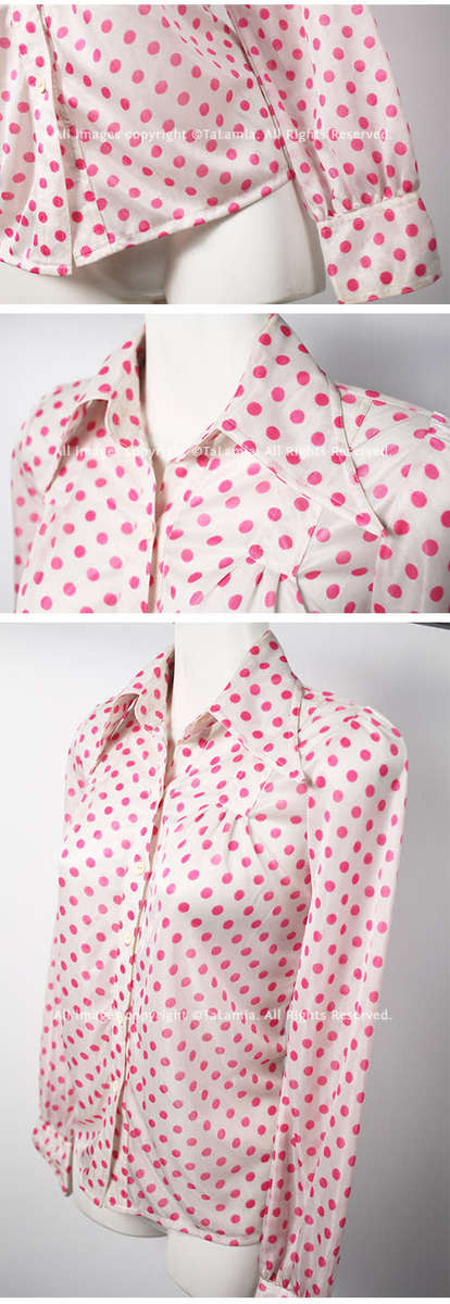 Quality vintage ladies white blouse with pink dots and large collars