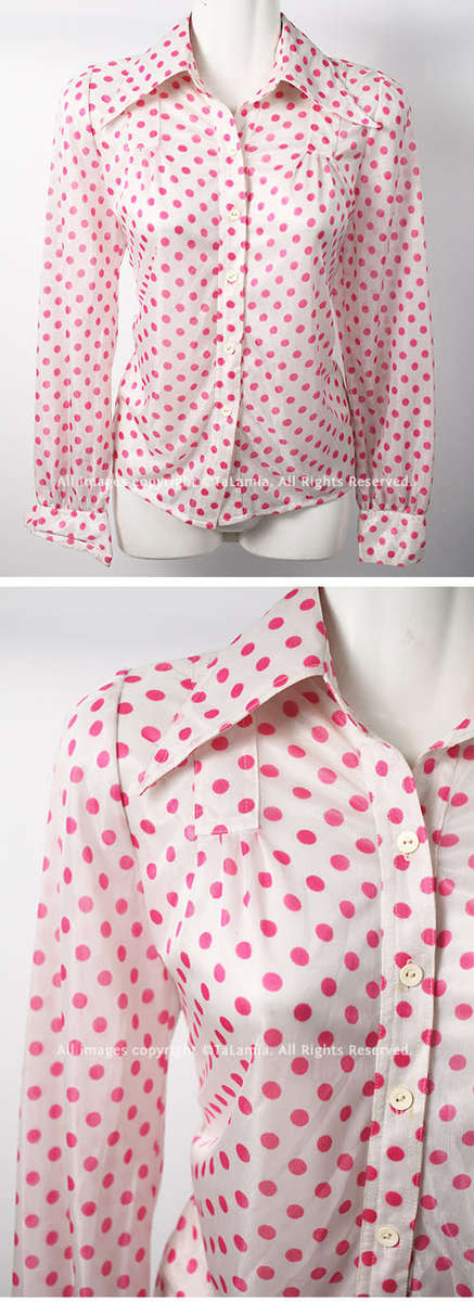 Quality vintage ladies white blouse with pink dots and large collars