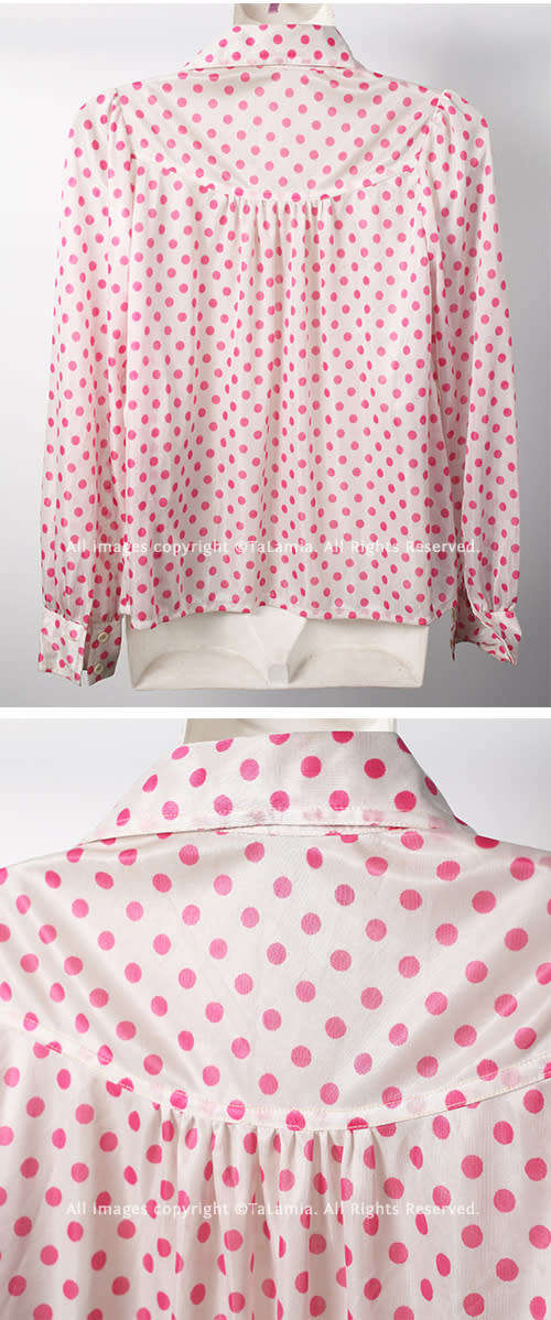 Quality vintage ladies white blouse with pink dots and large collars