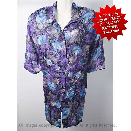 Quality strong chiffon breezy purple and blue button up blouse