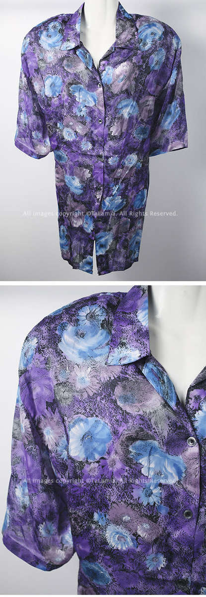 Quality strong chiffon breezy purple and blue button up blouse