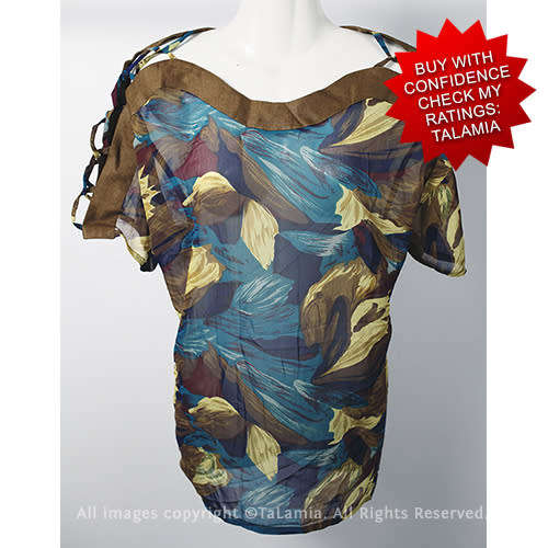 Stunning womens brown linen and blue chiffon mix blouse with unique neckline