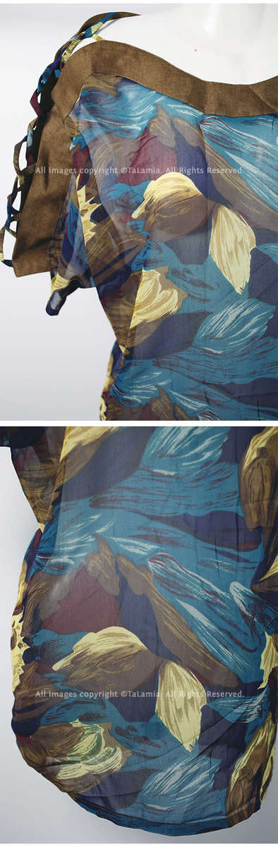 Stunning womens brown linen and blue chiffon mix blouse with unique neckline