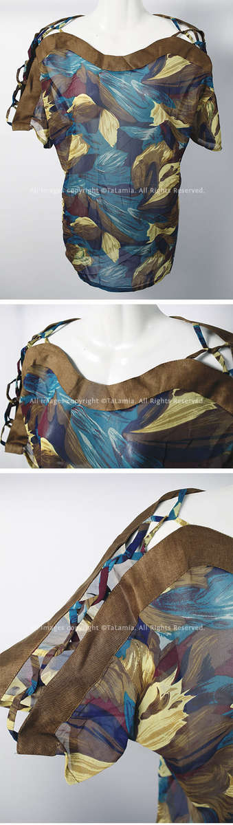Stunning womens brown linen and blue chiffon mix blouse with unique neckline