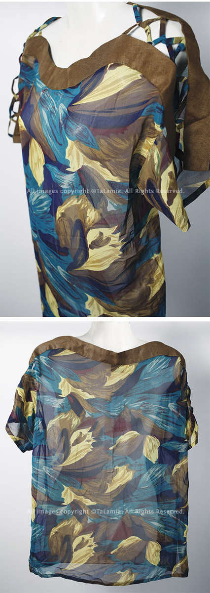 Stunning womens brown linen and blue chiffon mix blouse with unique neckline