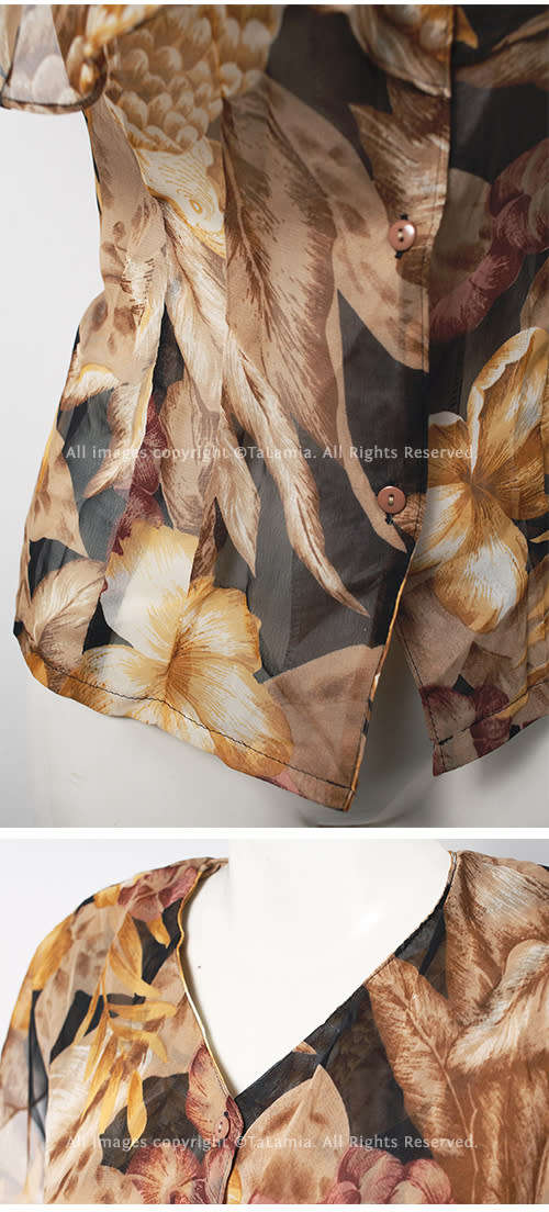 Ladies elegant autumn botanics print chiffon blouse with extra frill layer