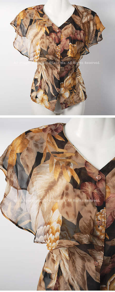 Ladies elegant autumn botanics print chiffon blouse with extra frill layer